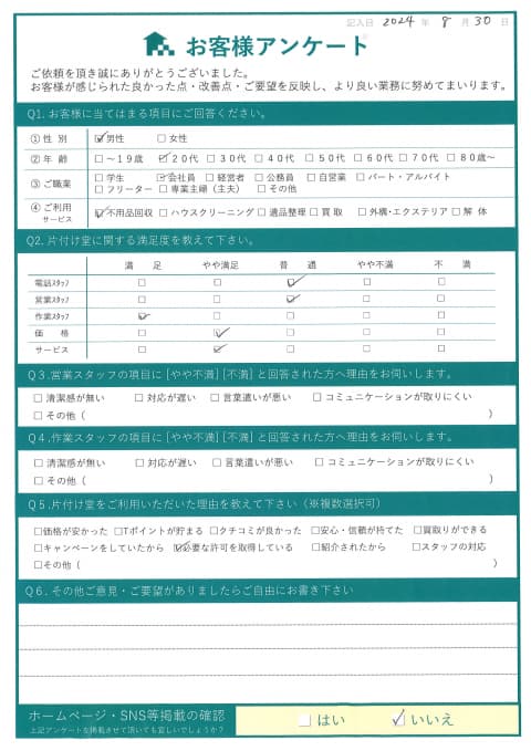 鳥取市H様引っ越しに伴う不用品回収　「対応が早くて助かりました。」