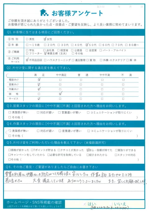 松江市H様断捨離に伴う不用品処分「作業の方もおだやかでとても感じが良かった」